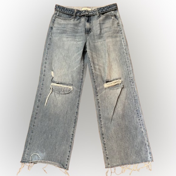 Hidden Denim - Hidden Fold Over Waist Wide Leg Distressed Denim Blue Jeans Size 30